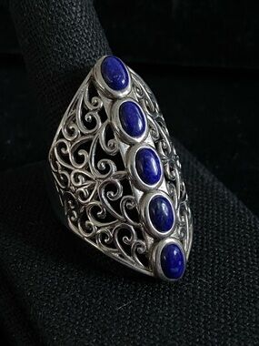 Lapis Lazuli Statement Spiral Openwork Low Profile Ring Platinum Plated